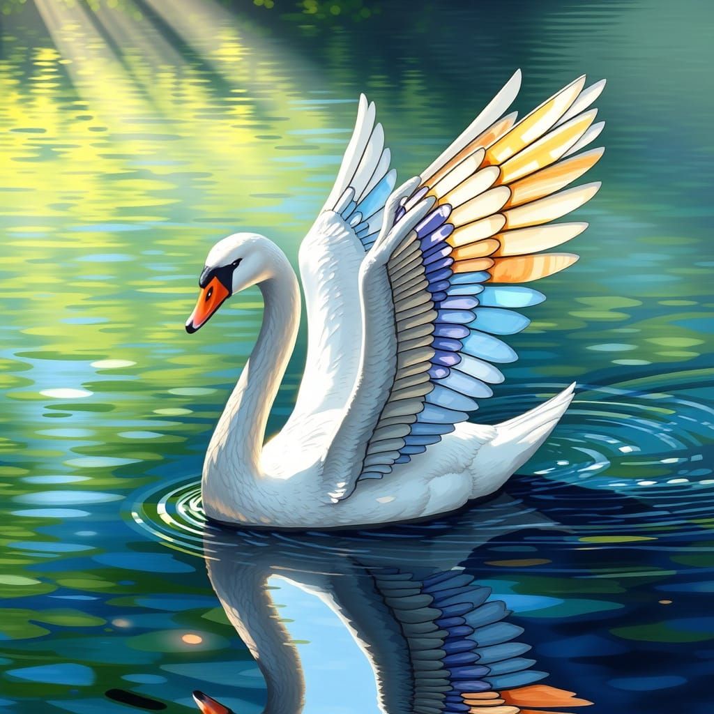 Stained Glass Swan Glides Across Tranquil Lake