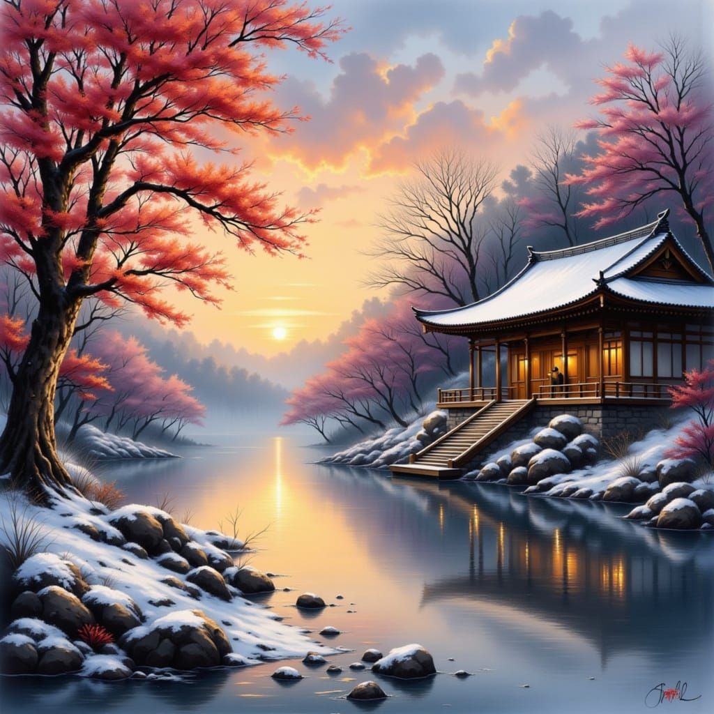 Winter Sunset Over East Asian Temple in Oil Painting Style