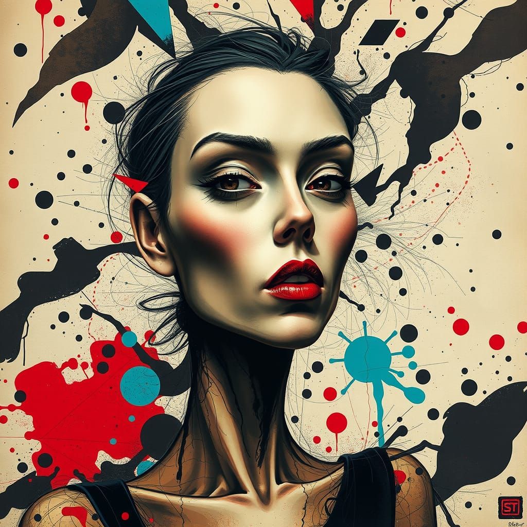 Abstract Expressionist Portrait of Woman with Geometric Acce...