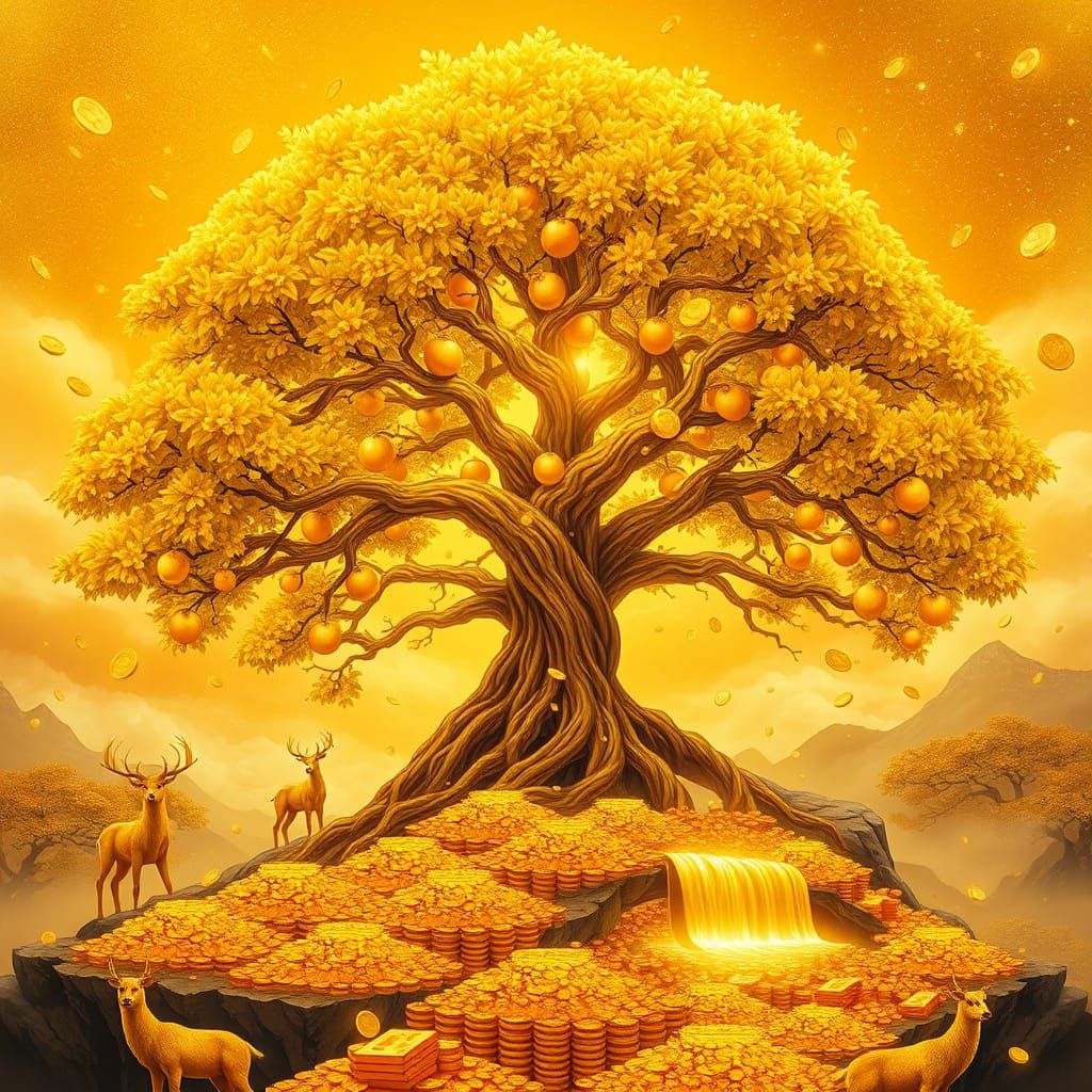 A Majestic Golden Tree of Prosperity in an Oriental Setting