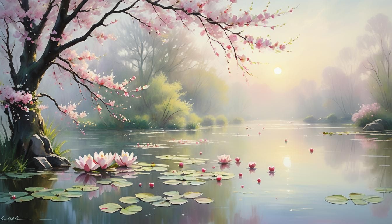 Cherry Blossoms over Lily Pads: Impressionist Painting