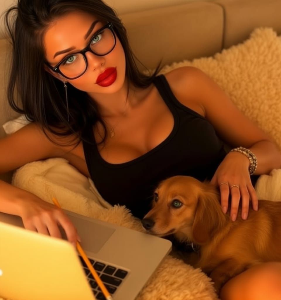 Woman and Dog Relax on Couch with Laptop