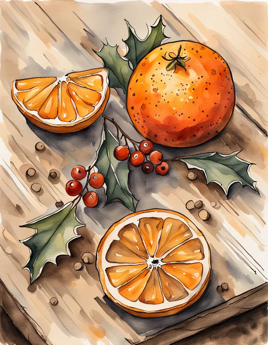 Warm Earthy Sketch of Dried Fruits and Greenery in Watercolo...