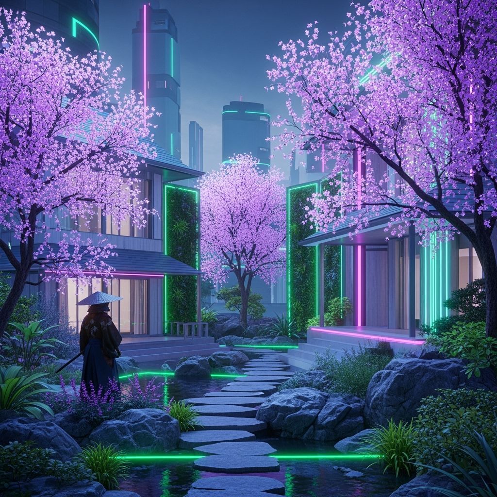 Futuristic Japanese Garden with Holographic Blossoms in Cybe...