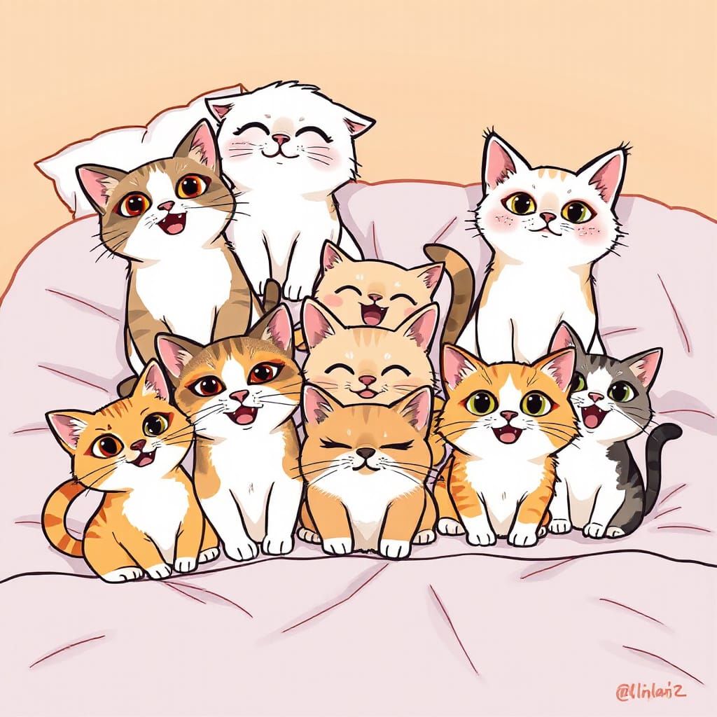 Kawaii Cats with Expressive Faces on Cozy Bed