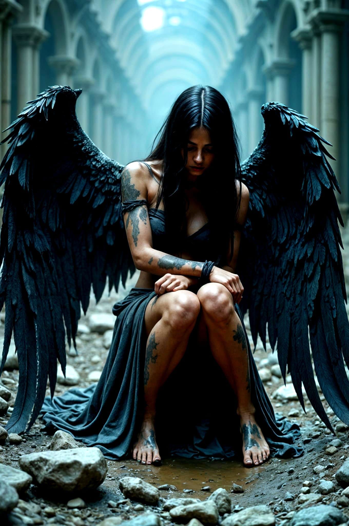Fallen Dark Angel in Desolate Landscape