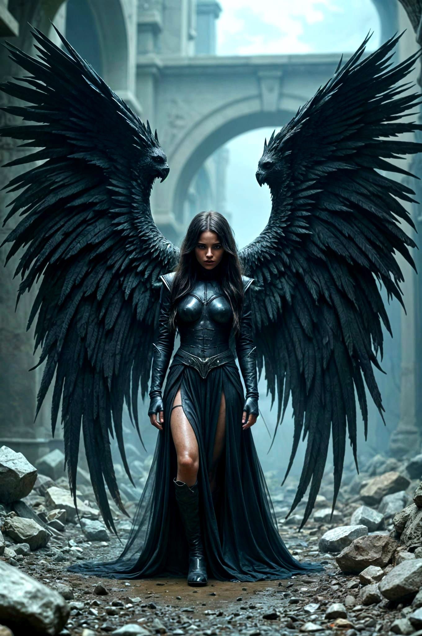 Fallen Dark Angel in Desolate Landscape