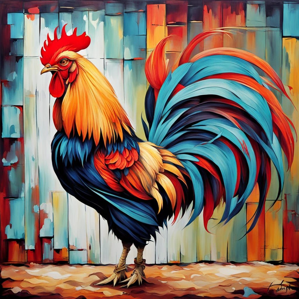 Rooster in Abstract Vibrant Barn Scene