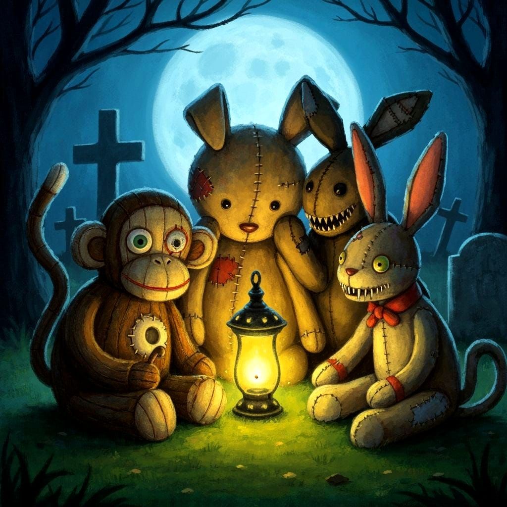Stuffed Animals Plotting Mischief in Moonlit Graveyard
