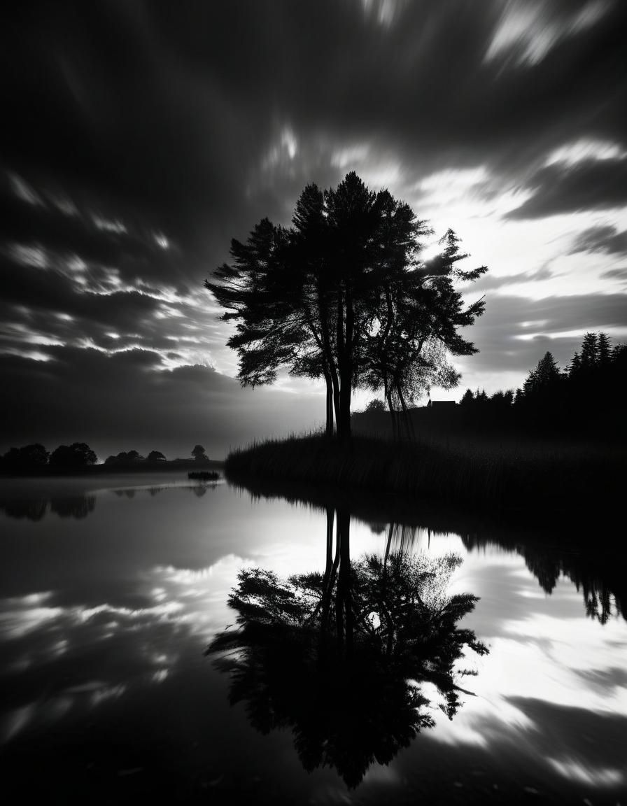 Haunted Reflections: Atmospheric Black and White Landscape