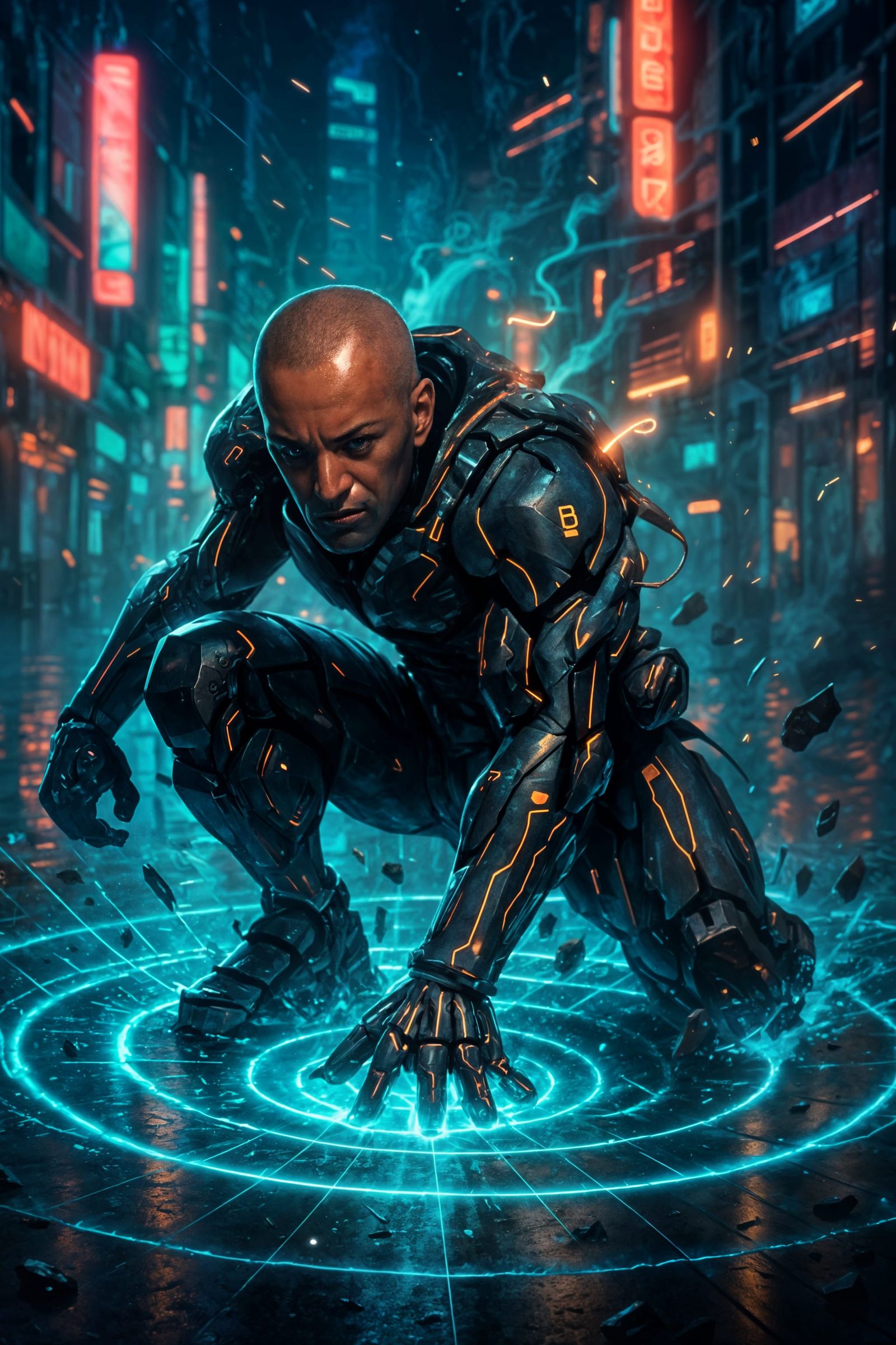 Cyberpunk Cybernetic Landing with Energy Shockwave