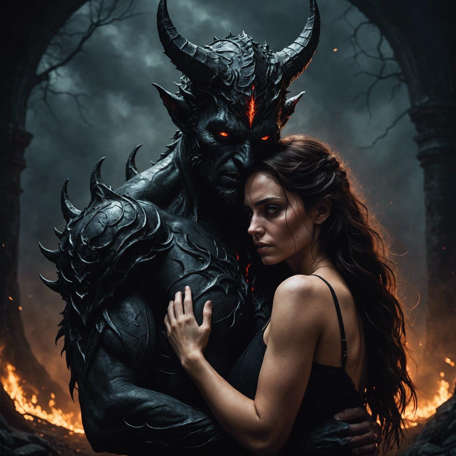 Comfort in the Void: Woman Embraced by Demon
