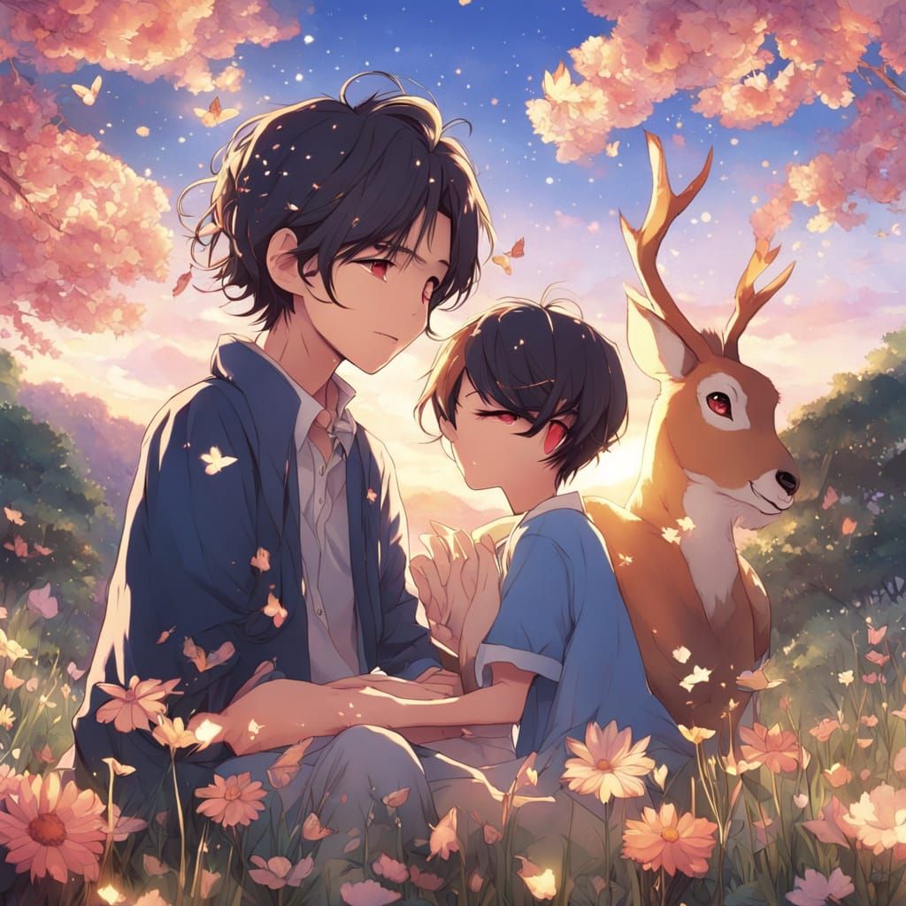 Anime Meadow Scene: Family Picnic at Sunset