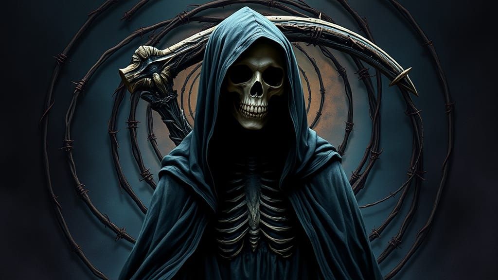 Majestic Reaper Figure in Dark, Ornate Dreamscape
