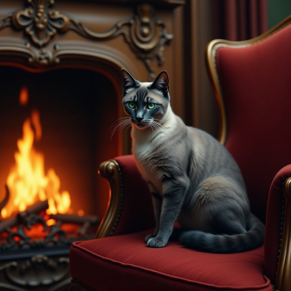 Regal Siamese Cat by Fireplace in Opulent Setting