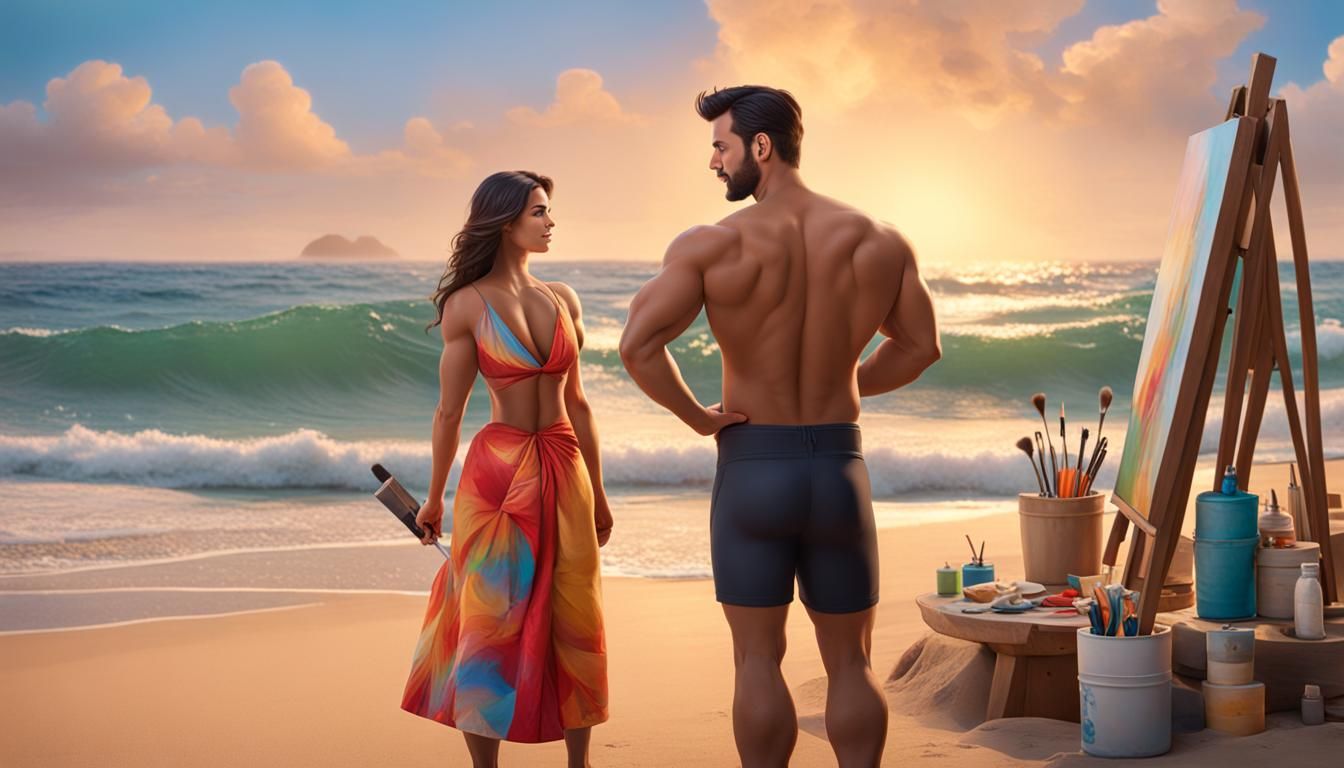 Nude Male Model Posed for Woman Painter in 3D