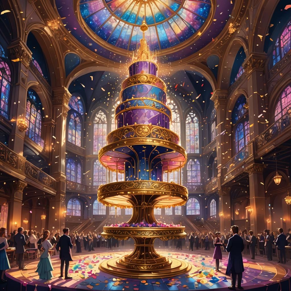 Ornate Cake Surrounded by Music in Ethereal Hall