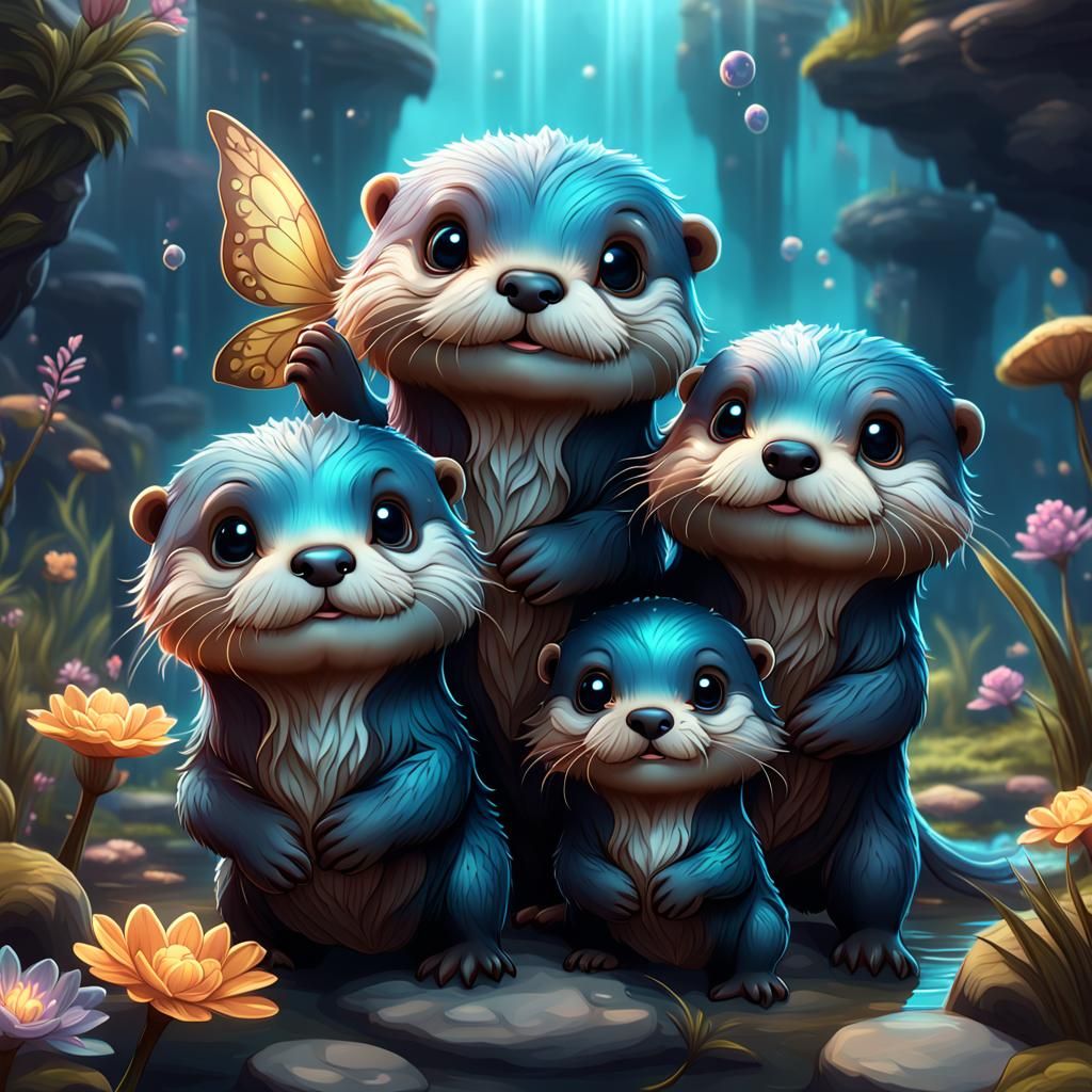 Chibi Fairy Otters in Detailed Matte Painting