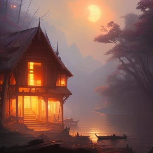 Wooden Houseboat in Autumn Forest Digital Painting
