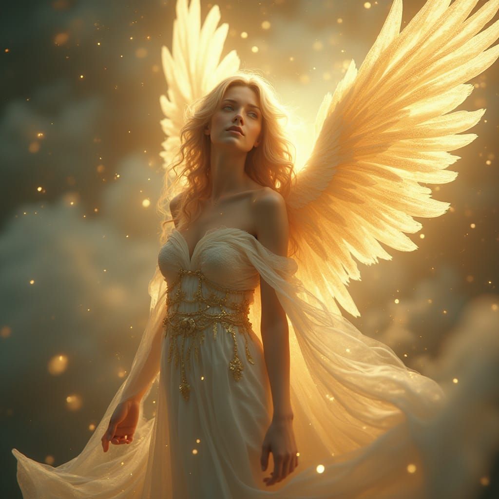 Celestial Angel Unfurls Wings of Pure Light in Shimmering Go...