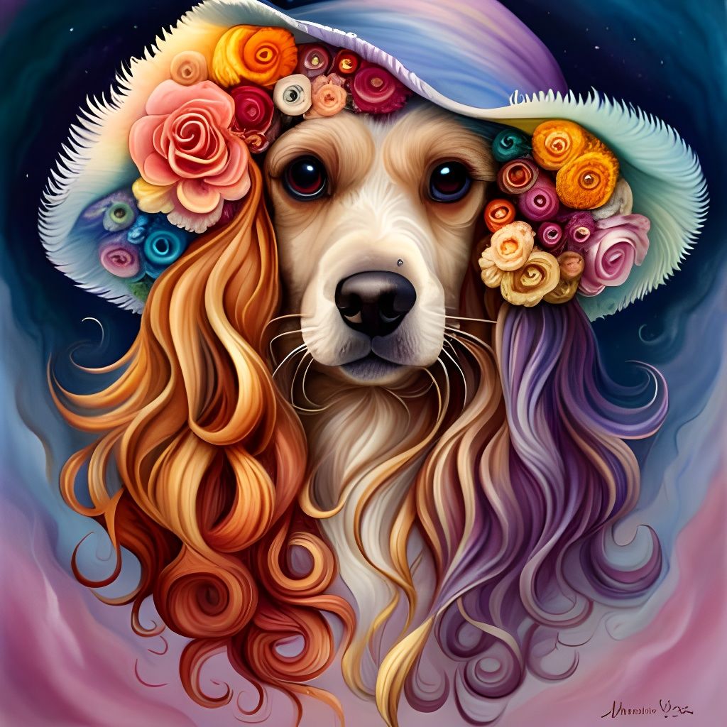Puppy Portrait in Violet Hat, Surrealist Style