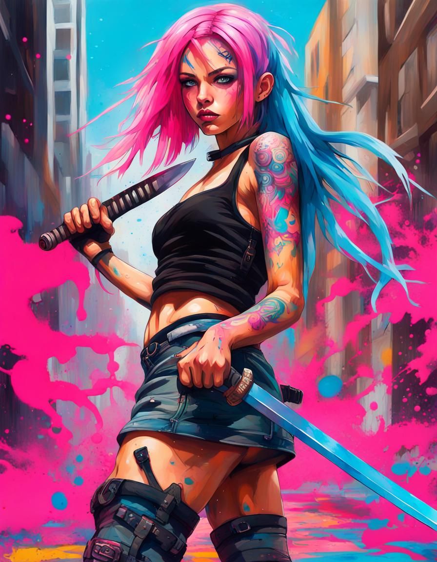 Warrior Girl with Katana in Graffiti Art Style