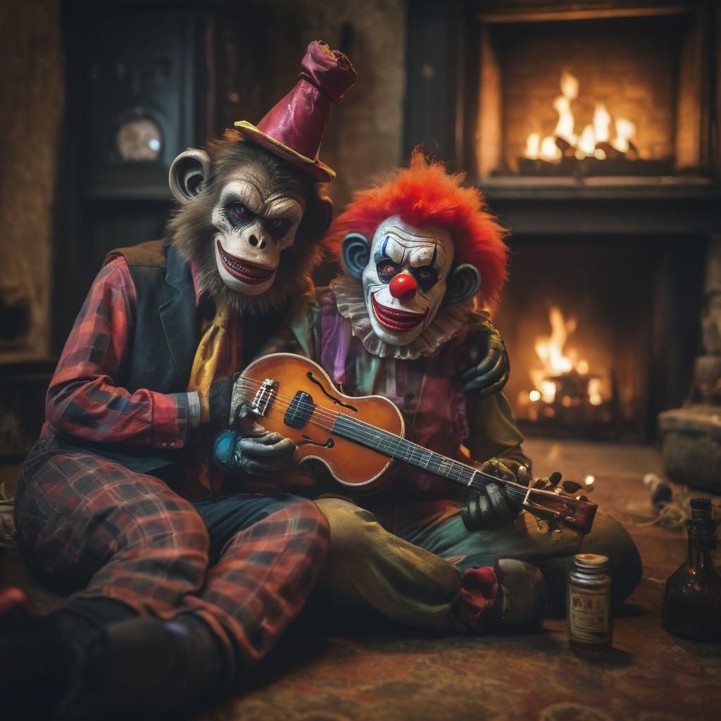 Zombie Monkey Monster Clown Couple by Fire