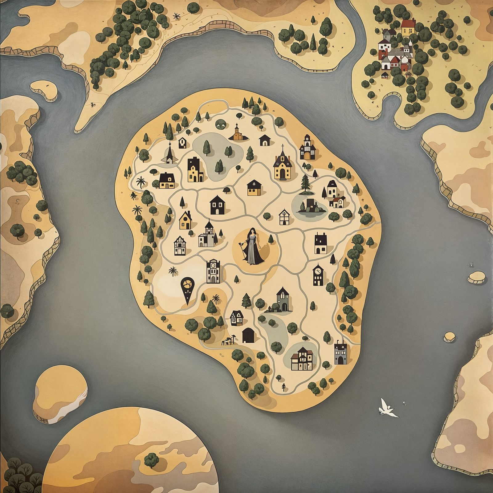 Stylized Village Map Mural in Art Nouveau Style