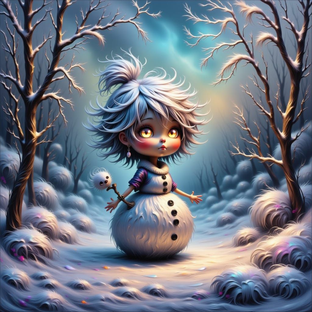 Chibi Snowman in Vibrant Winter Wonderland