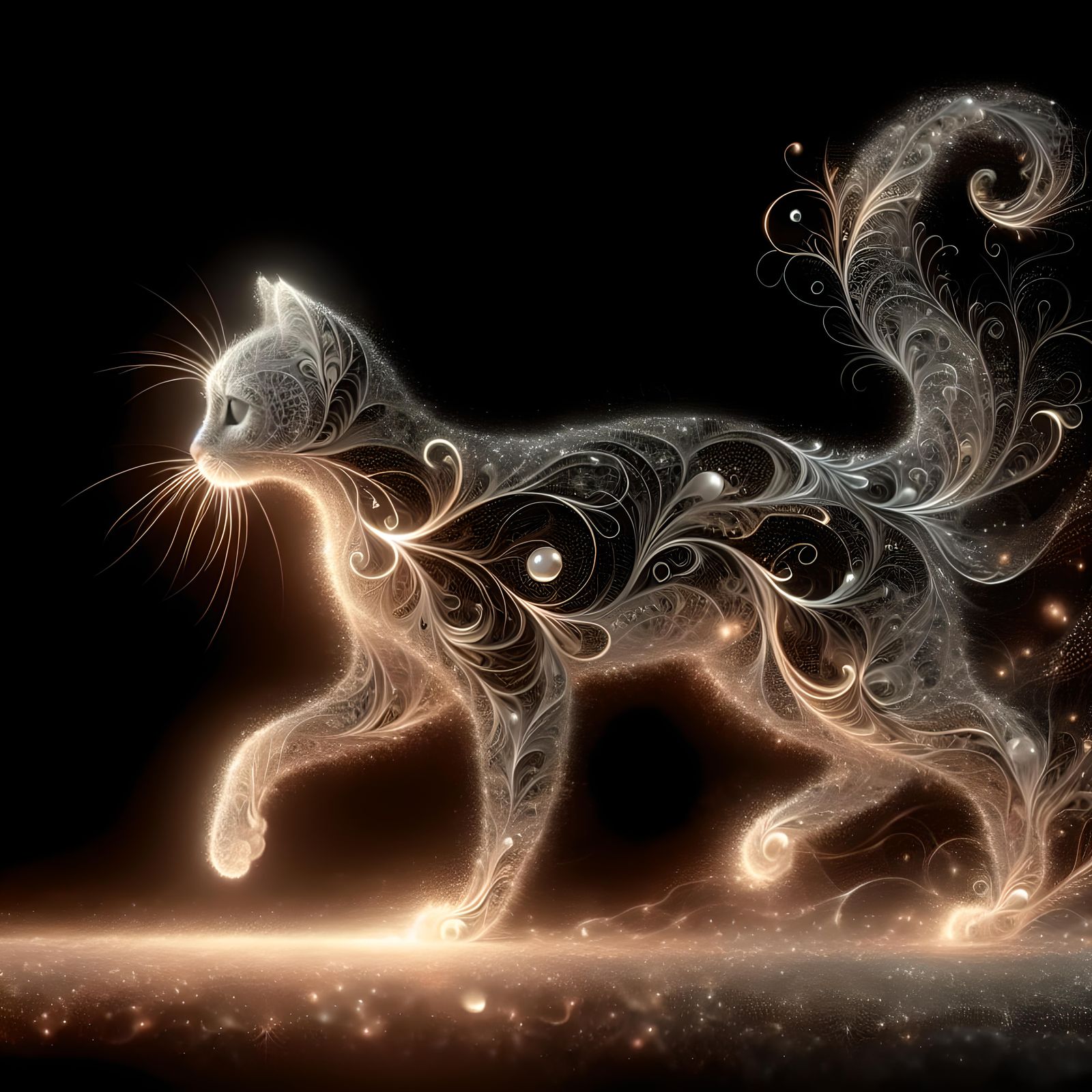 Intricate Cat Spirit at Dawn with Glitter Trails