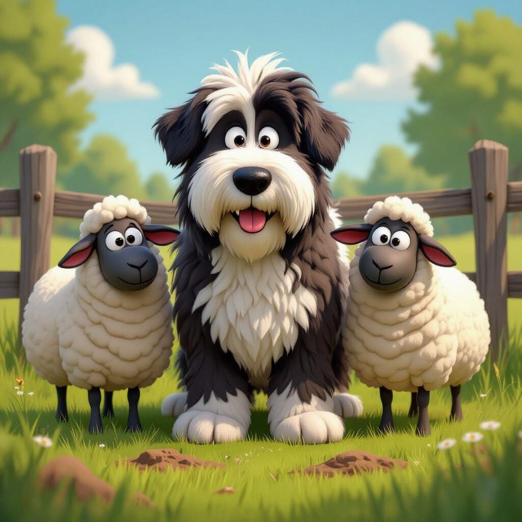 Cute English Sheepdog Caricature with Sheep Friends