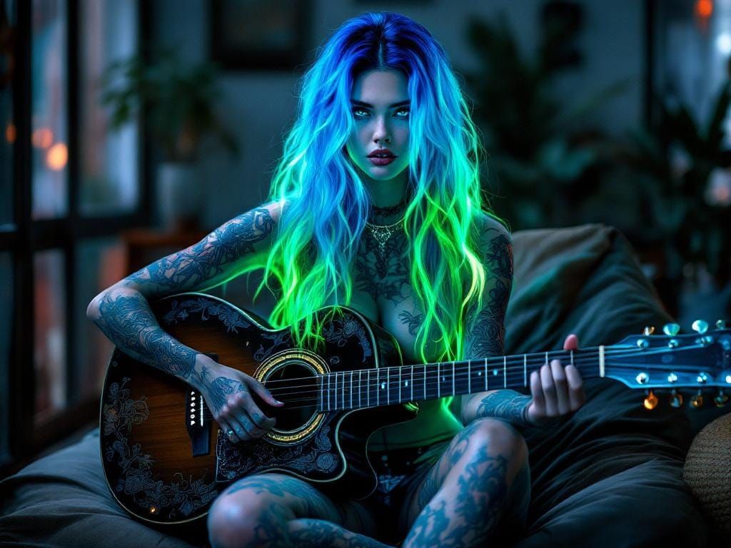 Glowing Haired Woman with Guitar: Hyperdetailed Portrait