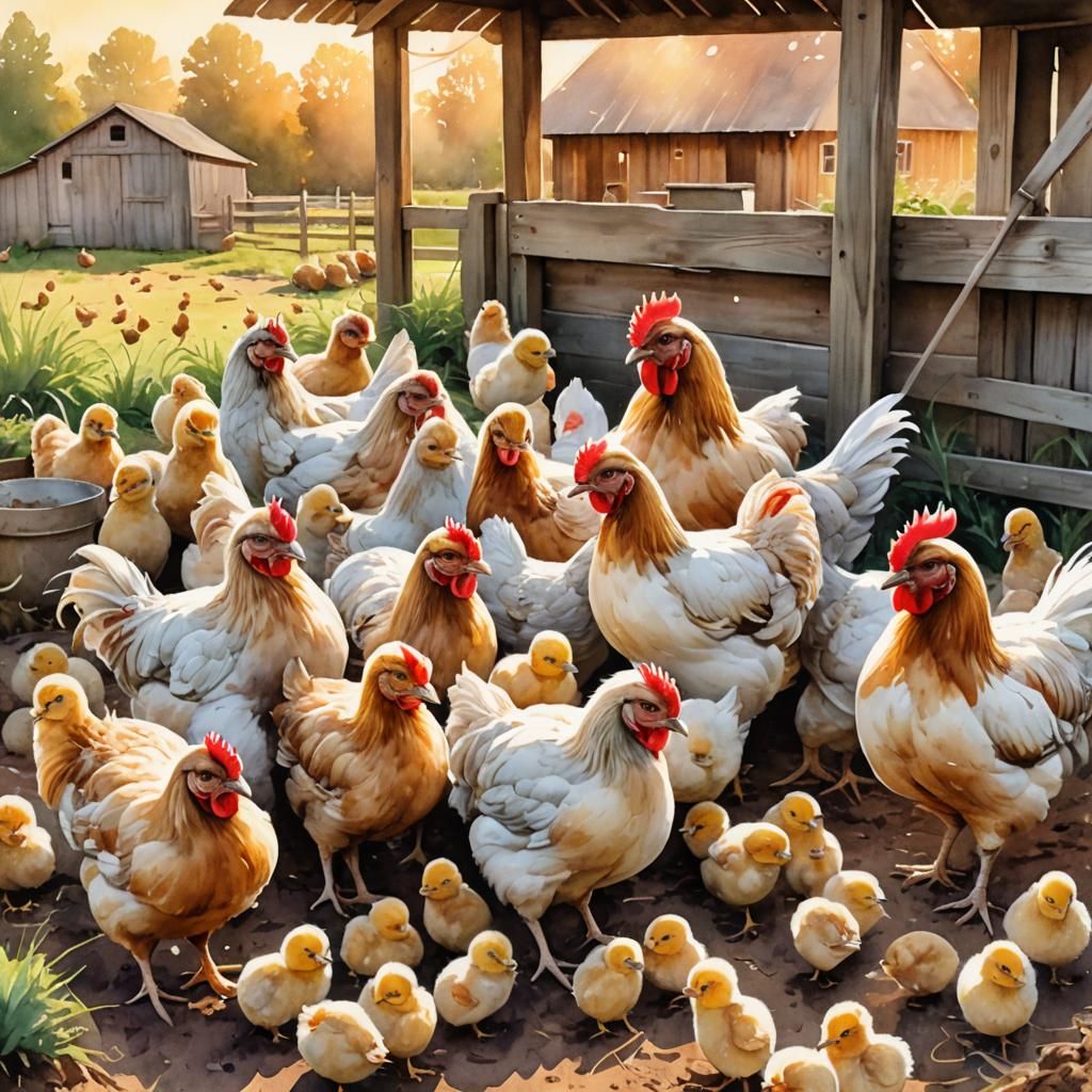 Whimsical Watercolor Hens and Chicks in Farmyard