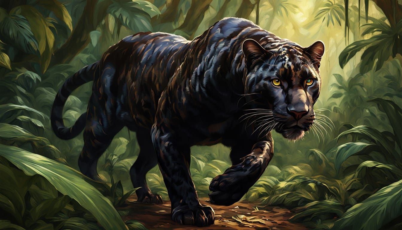 Chocolate Panther Prowls Through Jungle, Oil Painting