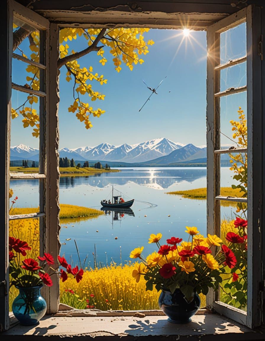 Sunny Lake Scene with Cracked Window and Fishermen's Boat