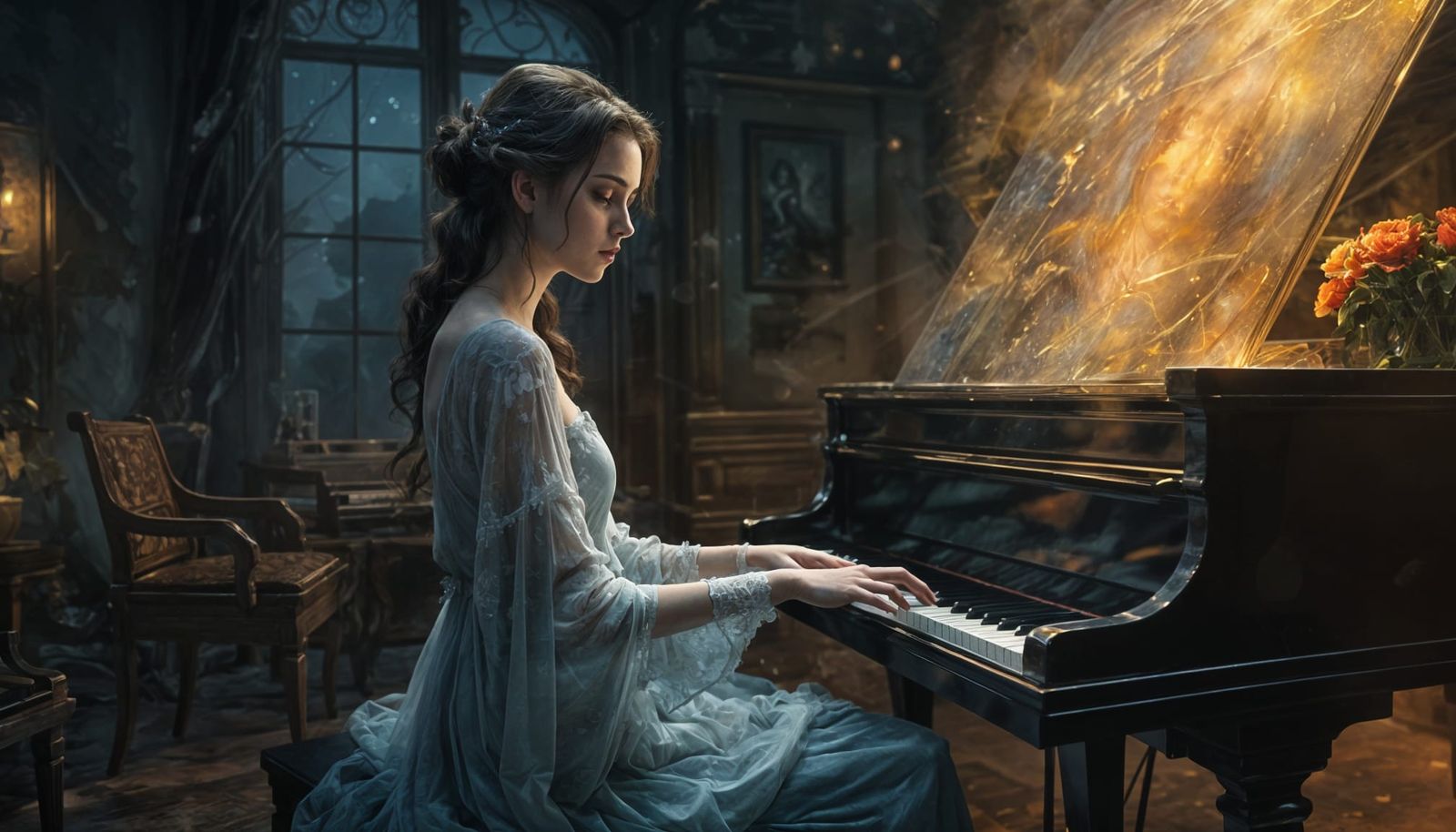 Ethereal Ghost Plays Piano in Misty Night