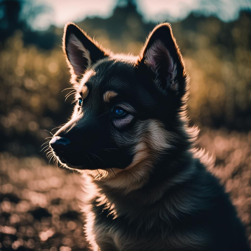 Puppy with Wolf Silhouette: Cinematic Film Still