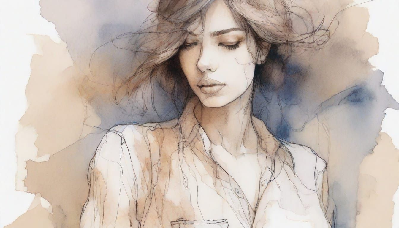 Surreal Watercolor Portrait of a Slender Girl in Chic Attire