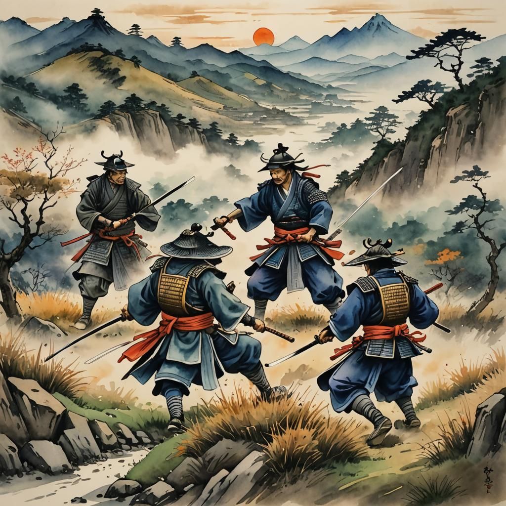 Samurai Duel at Dusk: Watercolor Fine Line Art