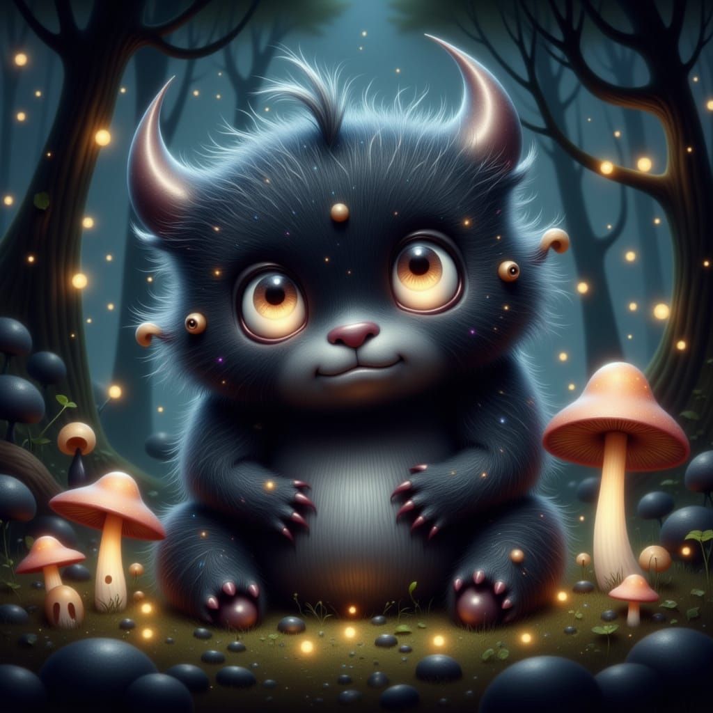 Whimsical Dark Gray Monster in Enchanted Forest