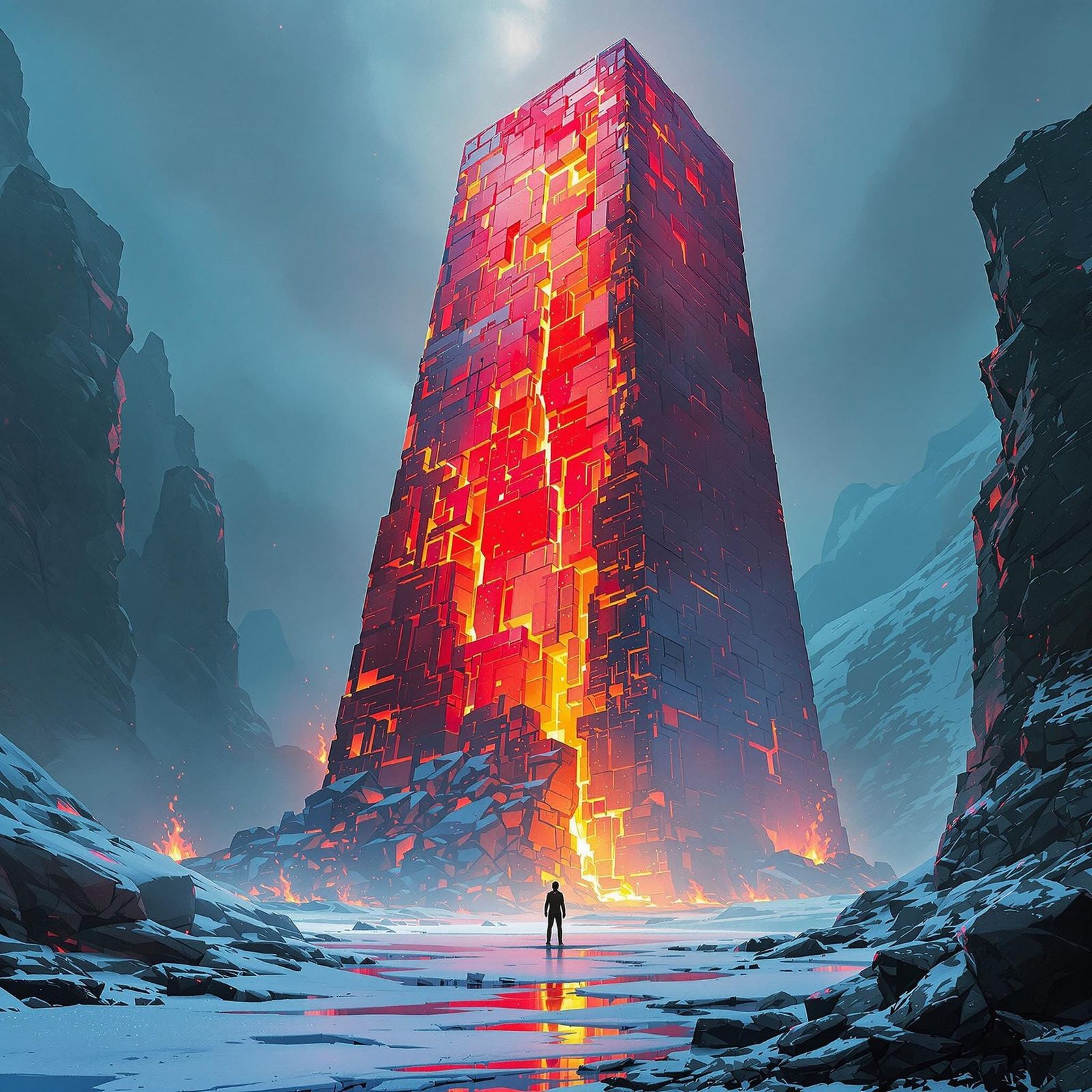 Fiery Crystal Monolith in Frozen Wasteland