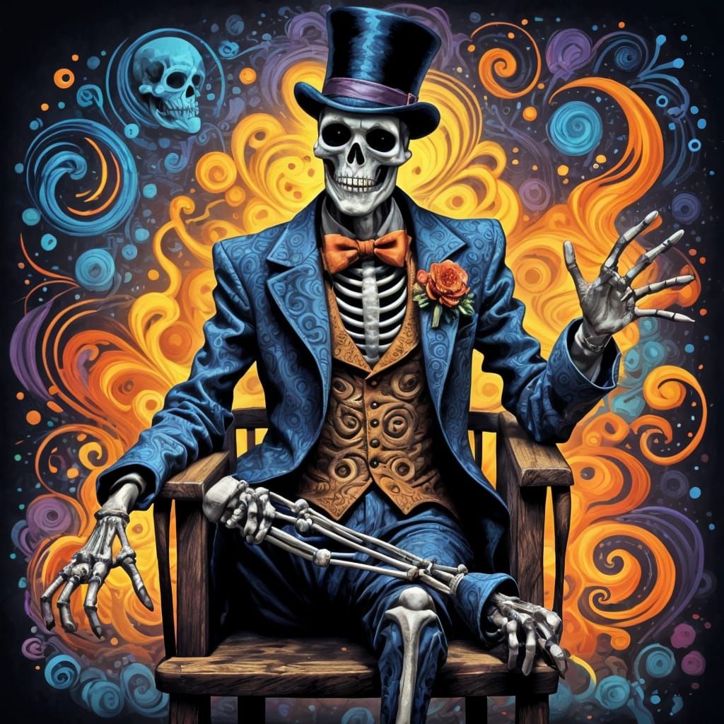 Haunted Skeleton Mischief in Psychedelic Folk Art