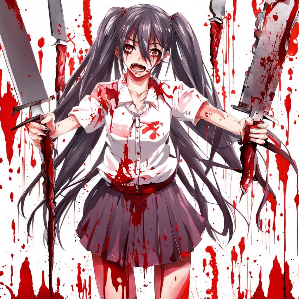 Bloody Yandere with Knife in Anime Style