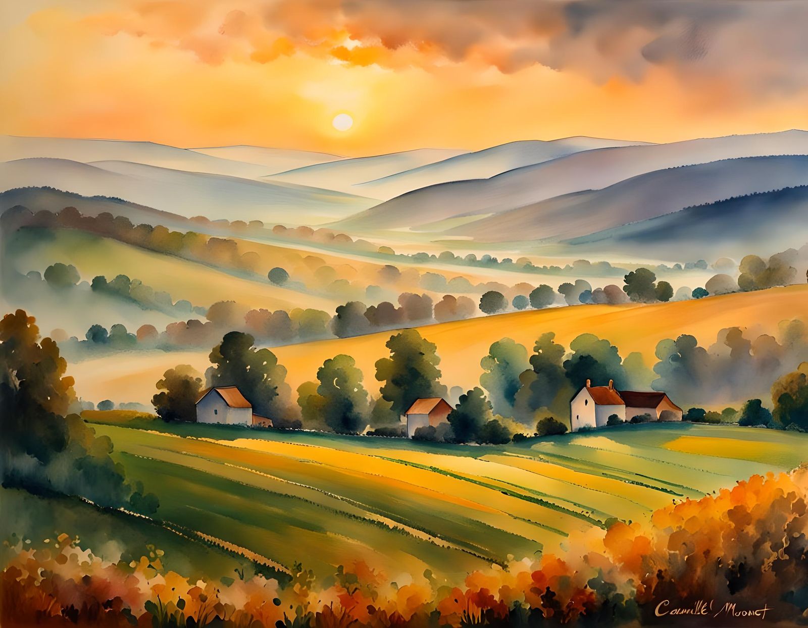 Misty Valley Sunrise Watercolour Painting