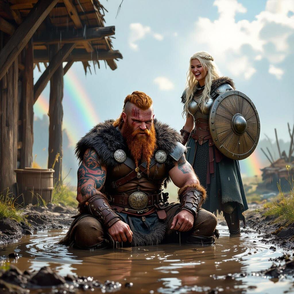 Viking Warrior Falls in Mud Puddle, Shield Maiden Laughs