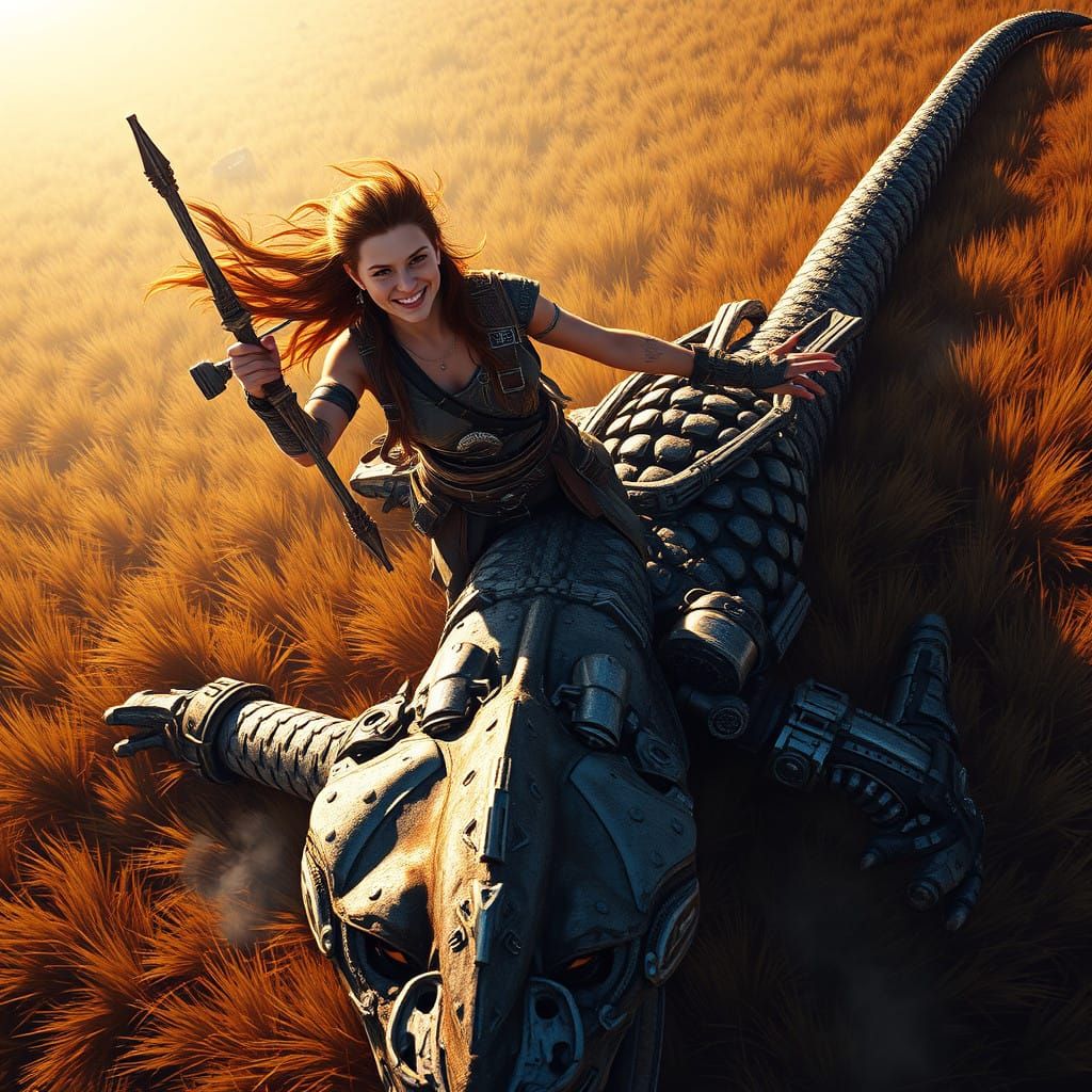 Aloy Triumphs Over a Fallen Machine in a Post-Apocalyptic La...