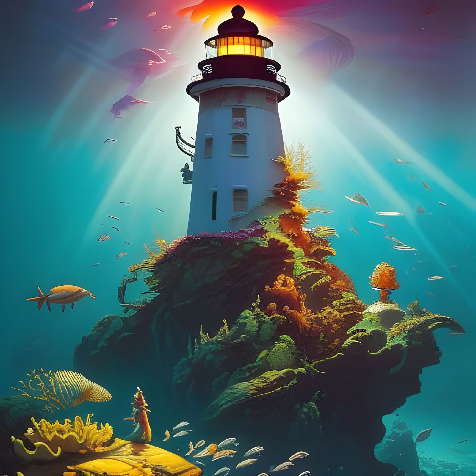Underwater Lighthouse in Ocean Depths, Hyperrealistic Art