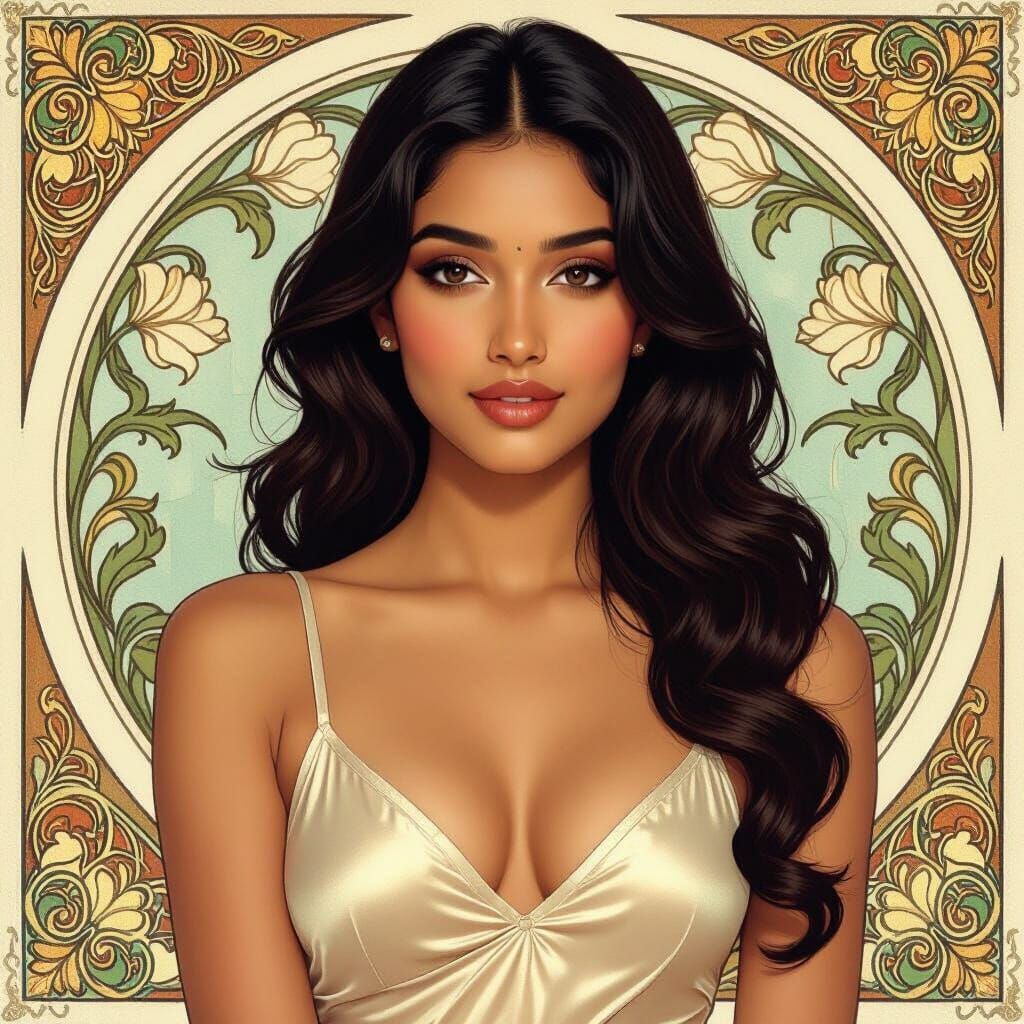 Elegant Indian Woman Portrait in Alphonse Mucha Style