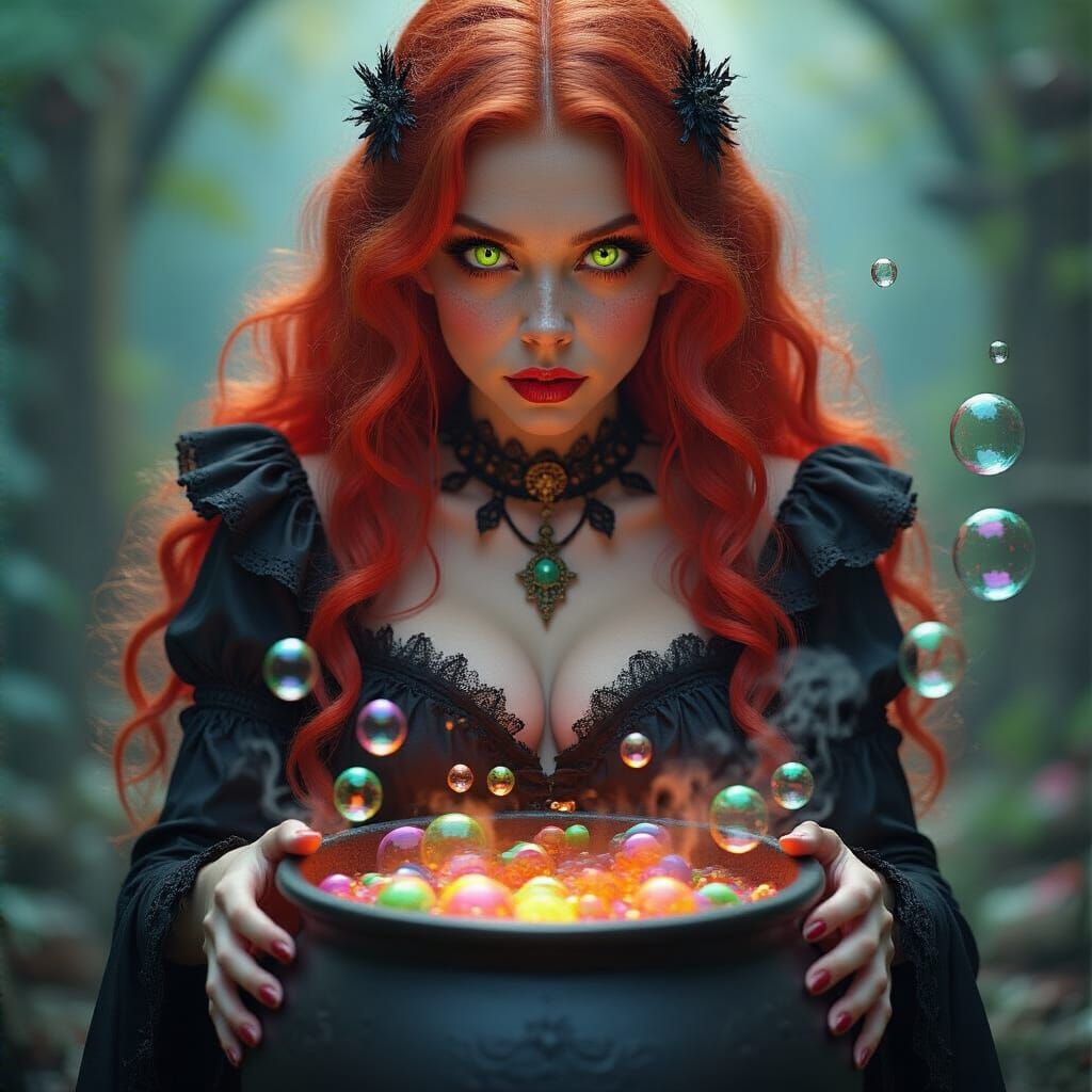 Red-Haired Witch with Bubbling Cauldron