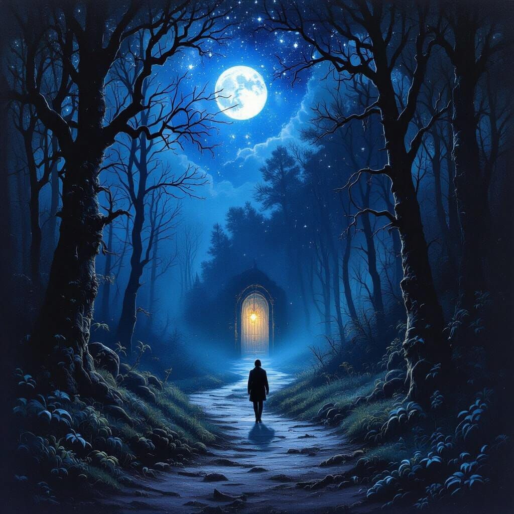 Person Walks Into Dark Forest Path Towards Door